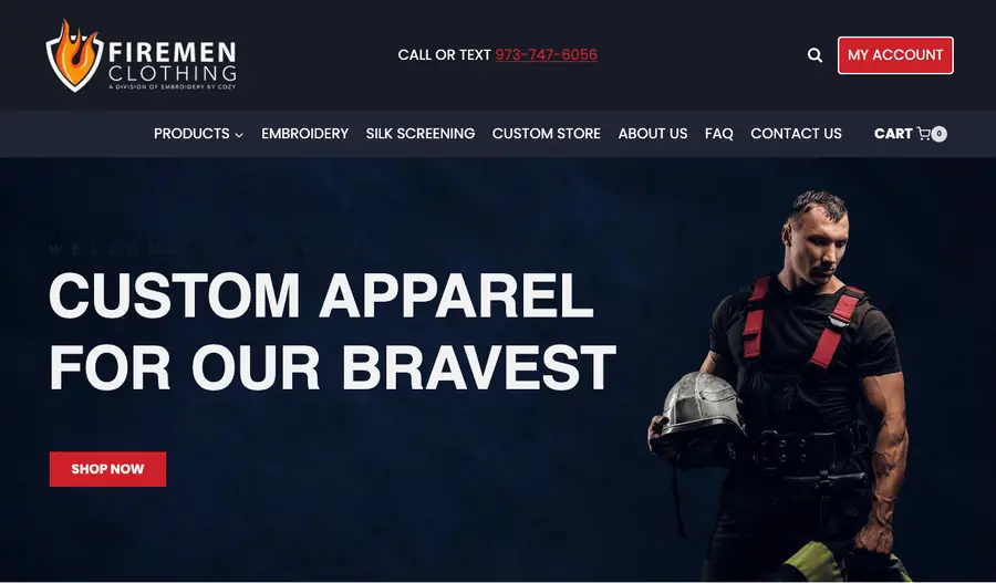 The Firemen Clothing homepage with firefighter apparel and gifts
