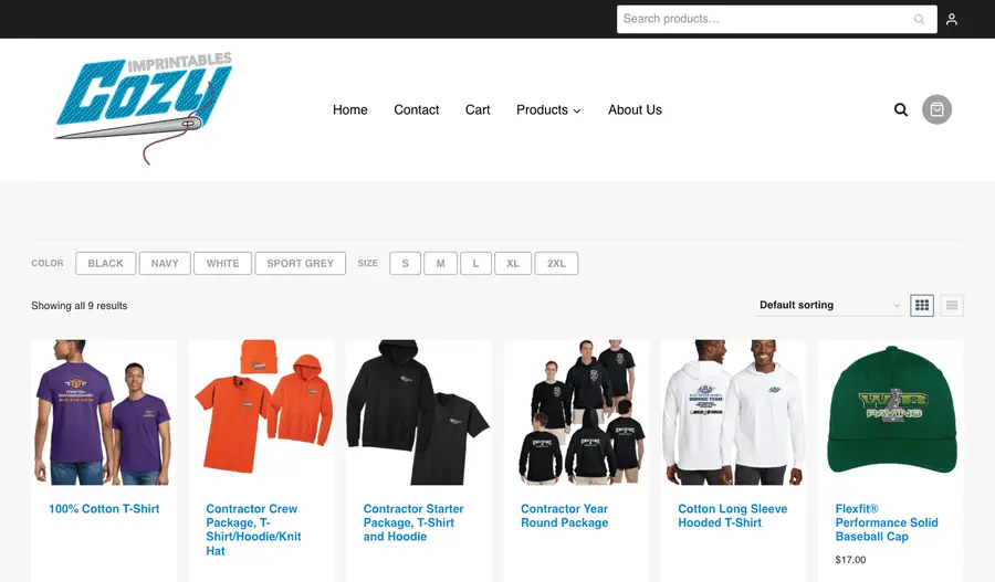 The Cozy Imprintables products page: color and size filters above a grid of contractor T-shirt, hoodie, and hat packages