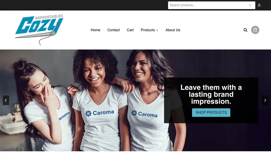 The Cozy Imprintables homepage: three people in printed white T-shirts beside the headline Leave them with a lasting brand impression