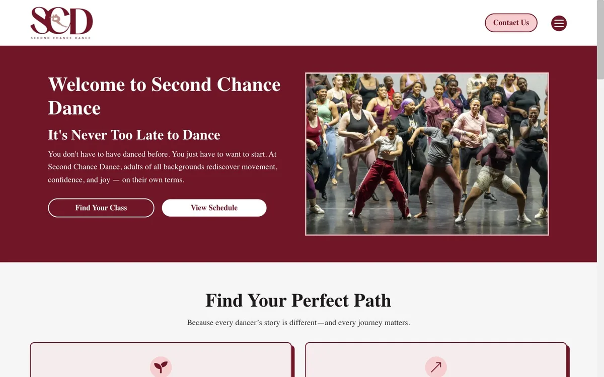 Second Chance Dance rebuilt homepage, live at scdancephilly.com
