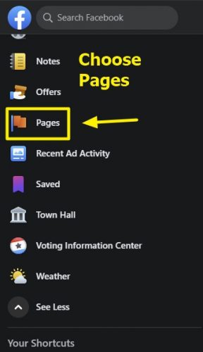 How to access the Facebook Pages Feed, Step 1 choose Pages from the menu.