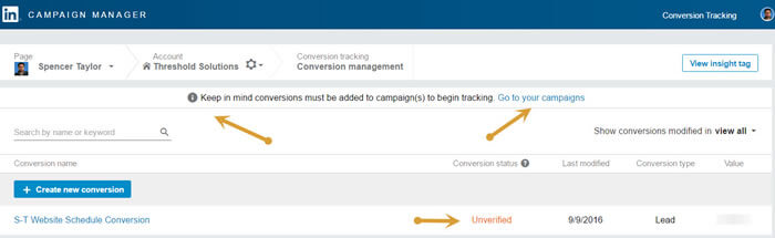 LinkedIn Conversion Tracking for Advertising 3 LinkedIn Conversion tracking before campaign setup